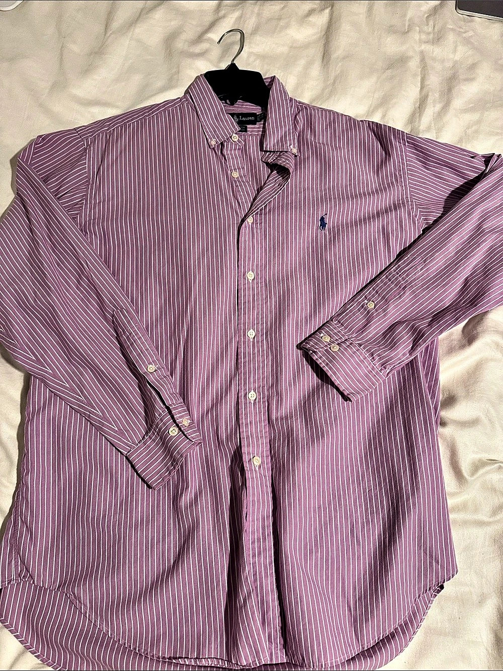 Ralph Lauren Yarmouth Button-Down Shirt Purple & White 16 1/2 34/35